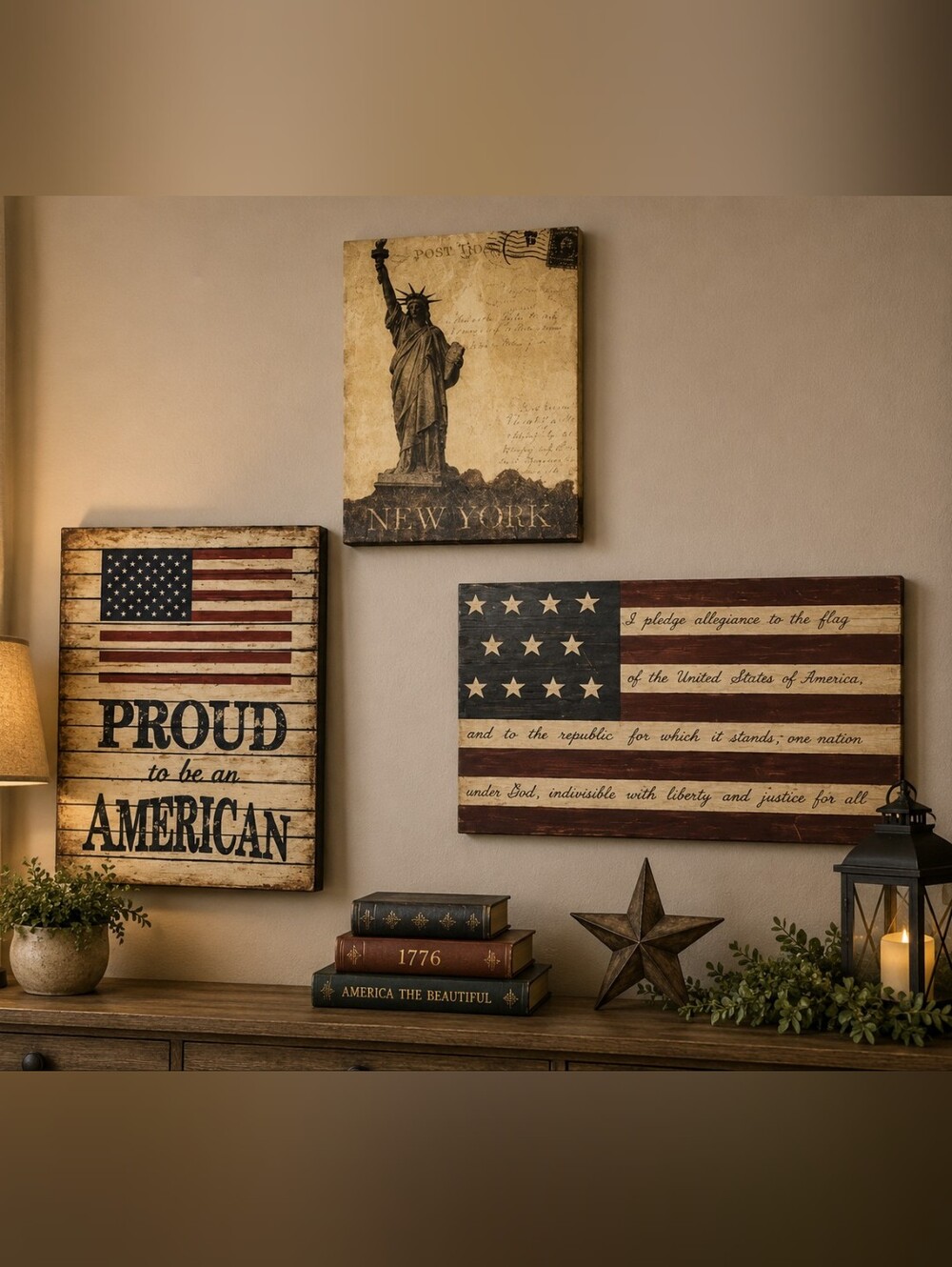 Patriotic Wall Art Set with Statue of Liberty and American Flag